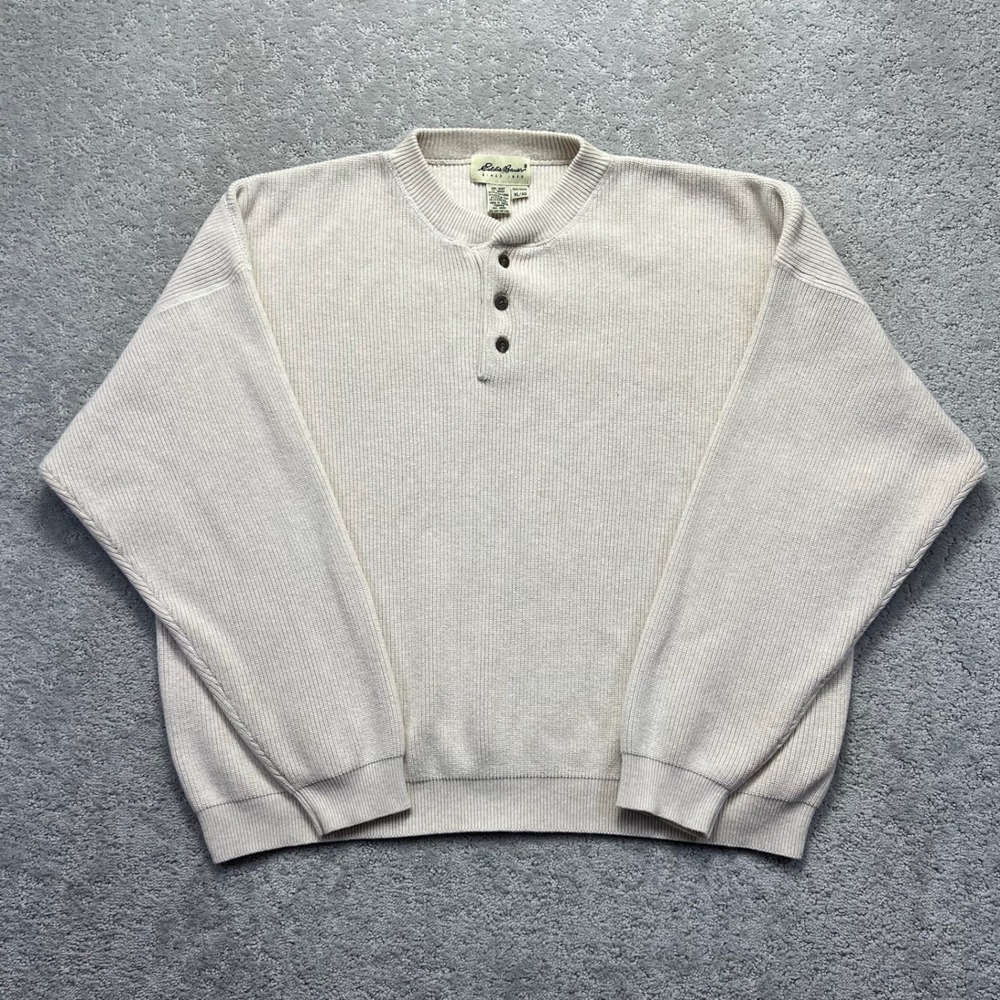 Eddie Bauer Sweater Mens XL Cream Ribbed Cotton Henley Long Sleeve Pullover